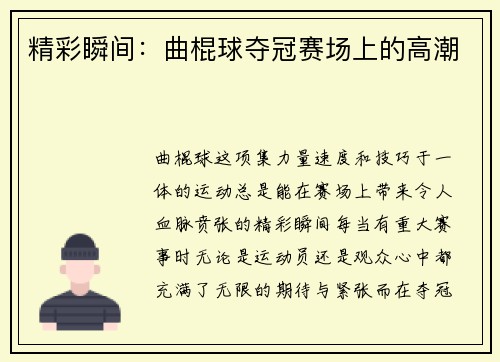 精彩瞬间：曲棍球夺冠赛场上的高潮